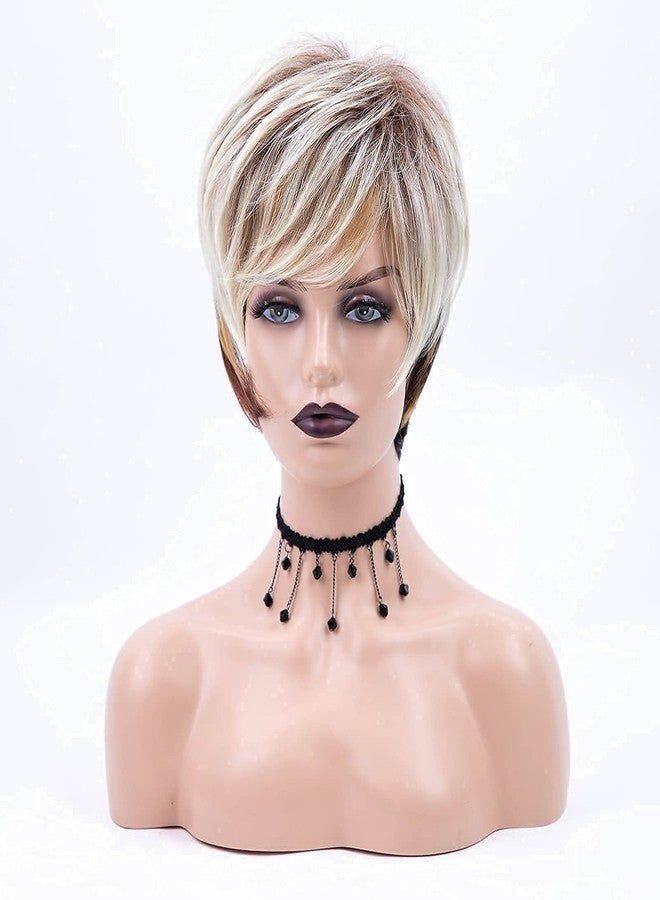 RENERSHOW Short Wigs for White Women Layered Brown Ombre Blonde Pixie Wig Synthetic Short Hair Wig with Bangs Mix Color Natural Looking Daily Party - Image 4